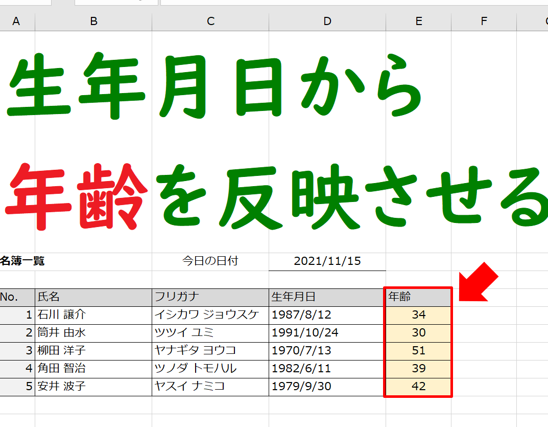 年齢 excel 生年月日から年齢を一瞬で計算する簡単テク 1 e5b9b4e9bda2 excel e7949fe5b9b4e69c88e697a5e3818be38289e5b9b4e9bda2e38292e4b880e79eace381a7e8a888e7ae97e38199e3828be7b0a1e58d98e38386