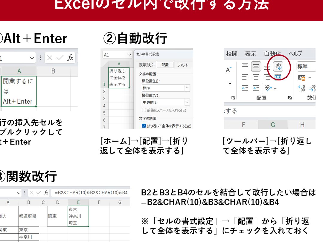 excel セル 改行 セル内で綺麗に改行する簡単な方法 1 excel e382bbe383ab e694b9e8a18c e382bbe383abe58685e381a7e7b6bae9ba97e381abe694b9e8a18ce38199e3828be7b0a1e58d98e381aae696b9e6b395